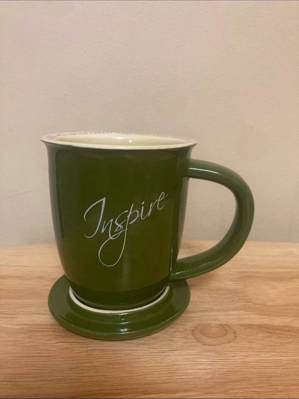 "Inspire" Ceramic Mug with Green Handle and Quote